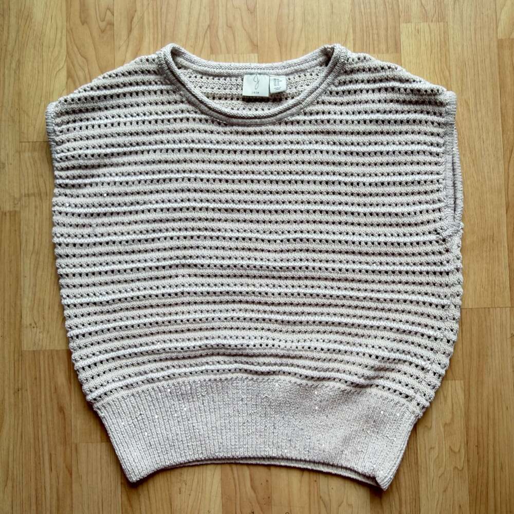 Joie Open Knit Shimmer Sequin Pullover Sweater Vest Beige Size Medium